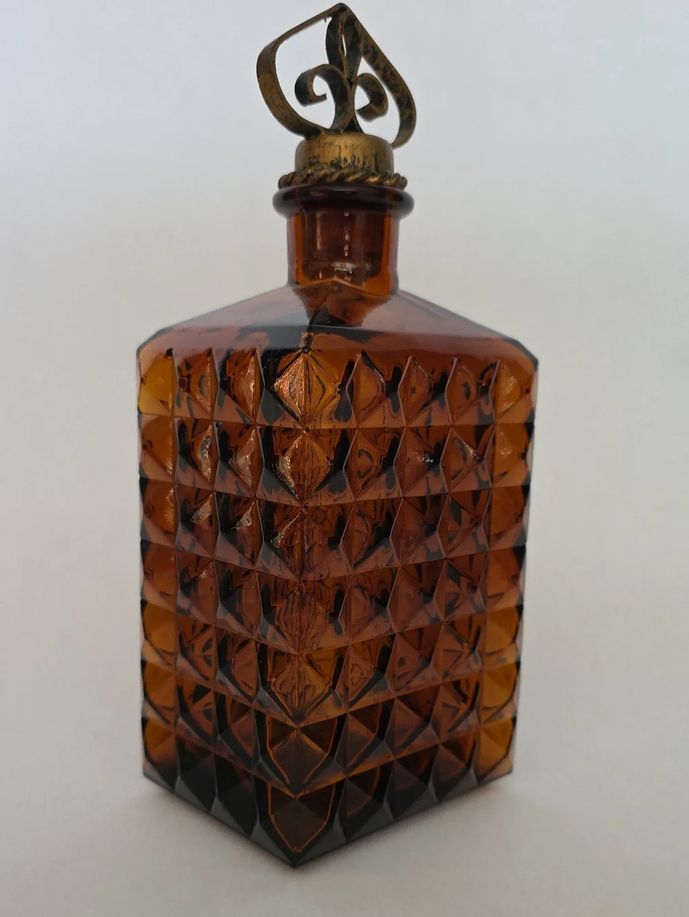 Vintage Amber Glass Decanter Made in Spain Mid Century Diamond Point Barware